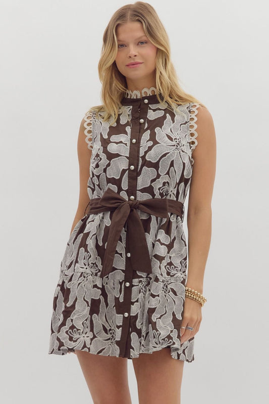 Brown Embroidered Sleeveless Dress