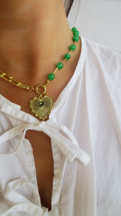 Intricate Heart Charm Necklace - Emerald