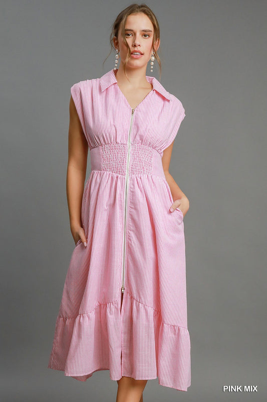 Pink Striped Smocked Midi