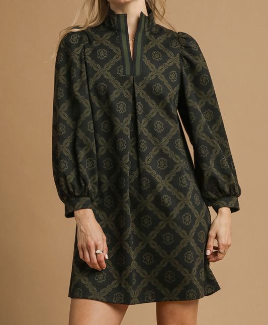 Olive Long Sleeve Print Dres