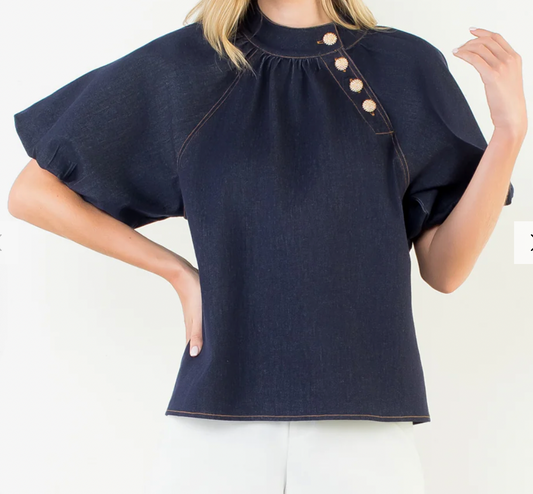 Dark Denim Puff Sleeve Blouse