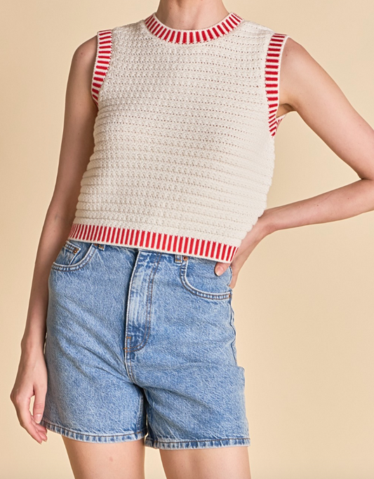 Red and Cream Knit Bordered Top