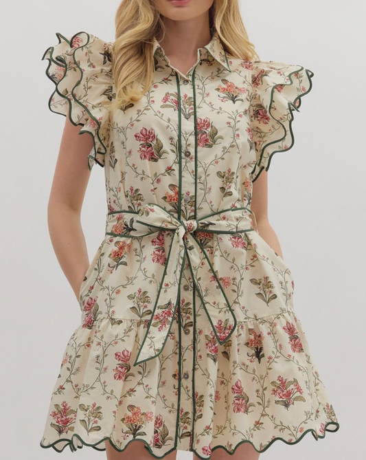Floral Cream and Olive Dress