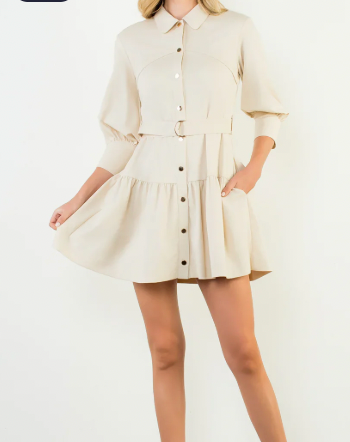Cream Belt Button Up Dress