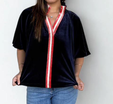 Navy Suede Puff Sleeve Top