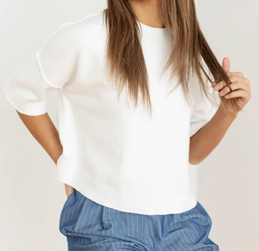 White Short Sleeve Pinch Sweater