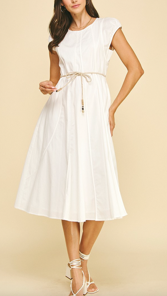 Pinch Rope Belt Cream Midi Dress