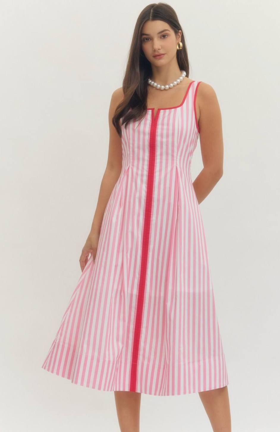 Pink and White Striped Midi Dress