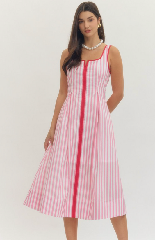 Pink and White Striped Midi Dress