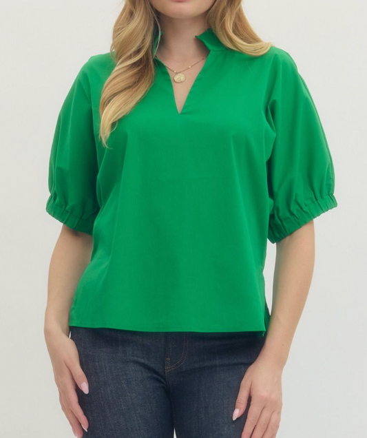 Kelly Green Puff Sleeve Blouse