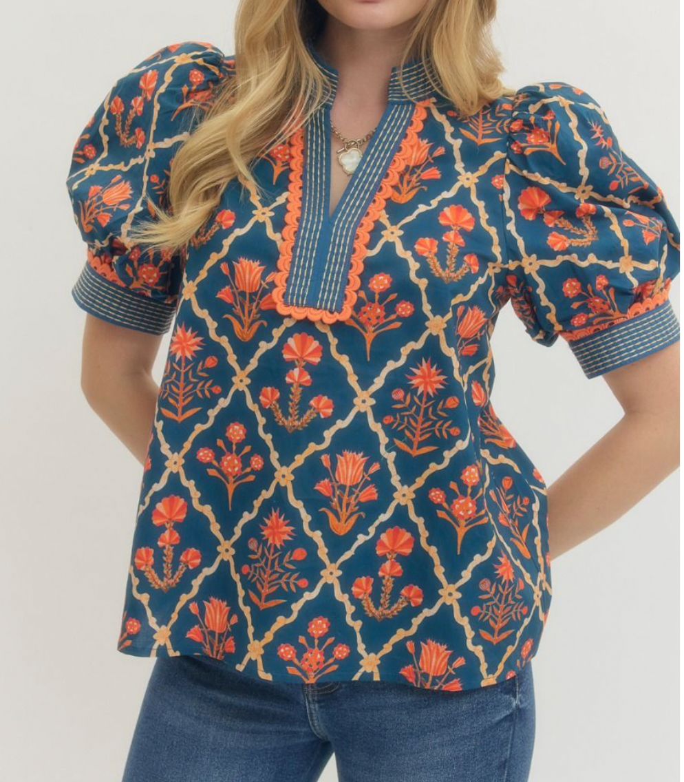 Navy and Orange Puff Sleeve Blouse