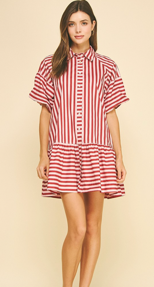Red and White Striped Button Down Dress