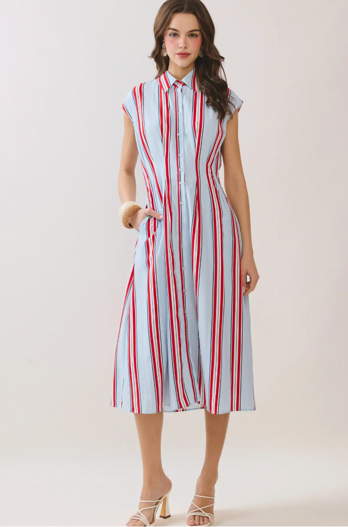Light Blue and Red Striped Dress
