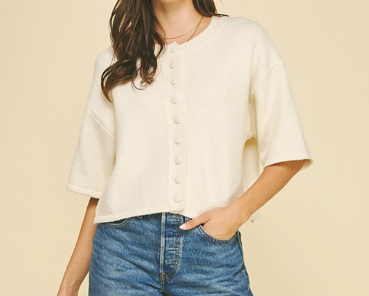 Cream Button Down Short Sleeve Sweater