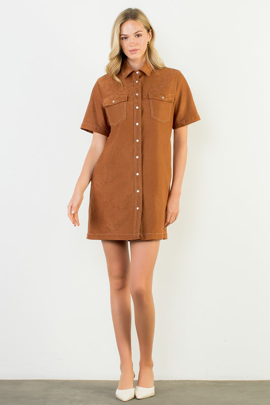Brown Short Sleeve Suede Dress