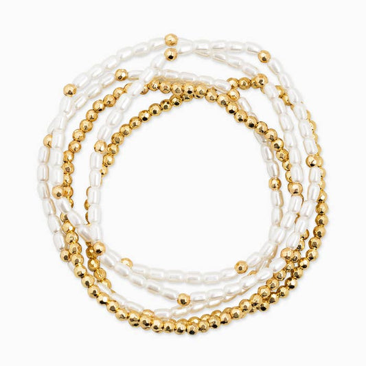 Simple Gold Ball and Pearl Stretch Bracelet Set of 5