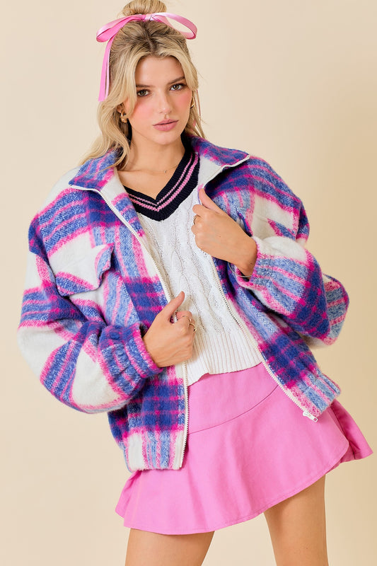 Plaid blue & pink zip up jacket