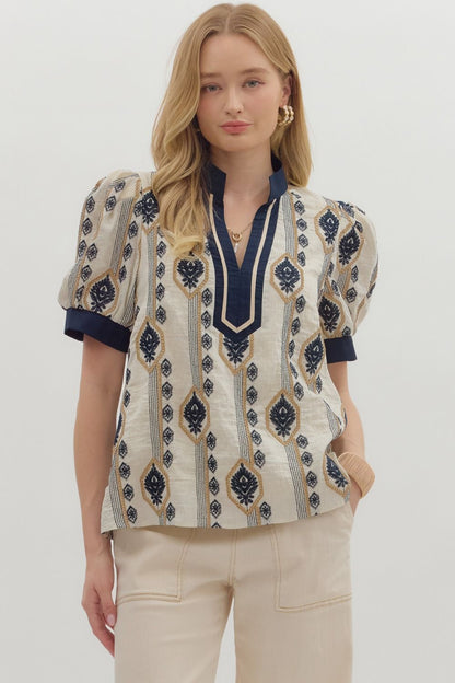 Navy/Cream Embroidered Top