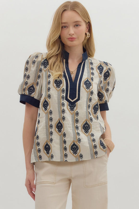 Navy/Cream Embroidered Top