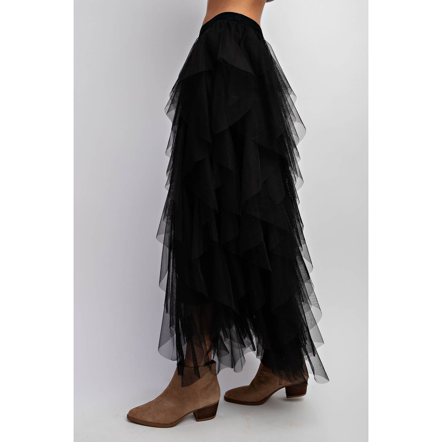 Black Cascading Tulle Mesh Maxi Skirt