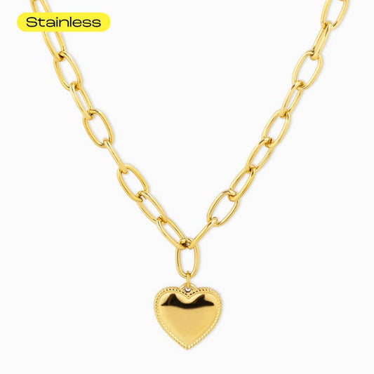 Stainless Steel Chunky Heart Statement Link Chain Necklace