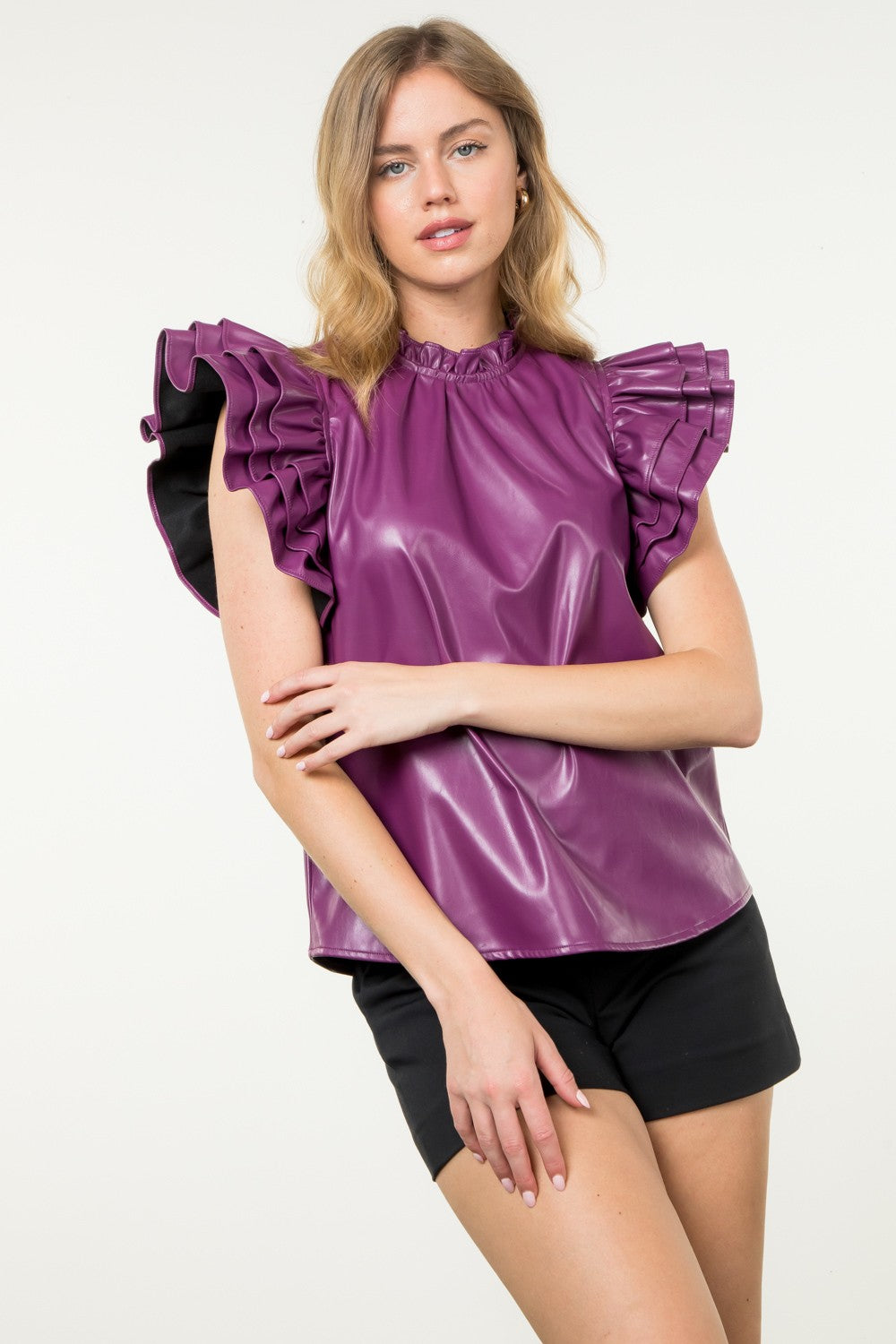 Purple flutter sleeve leather top