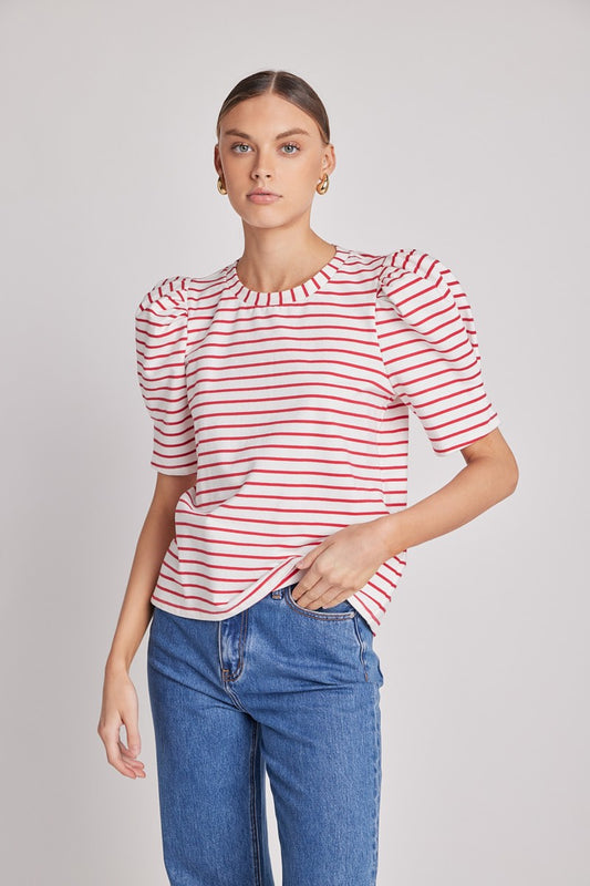 Red Stripe Puff Sleeve Top
