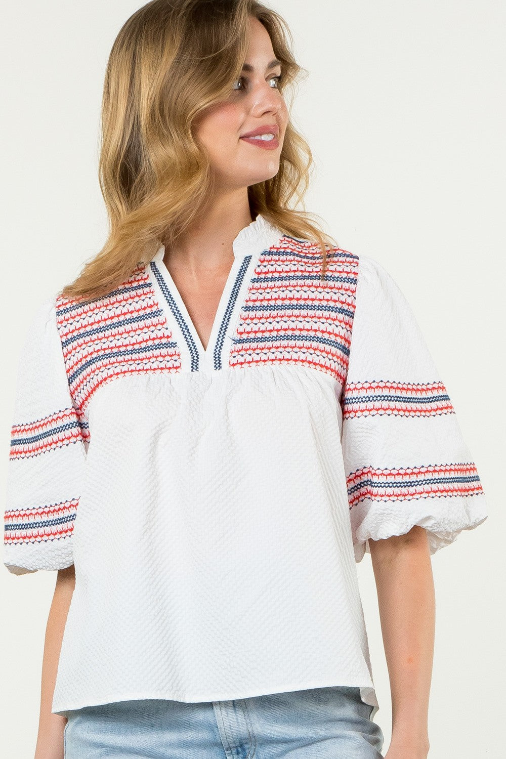 Embroidered puff sleeve top